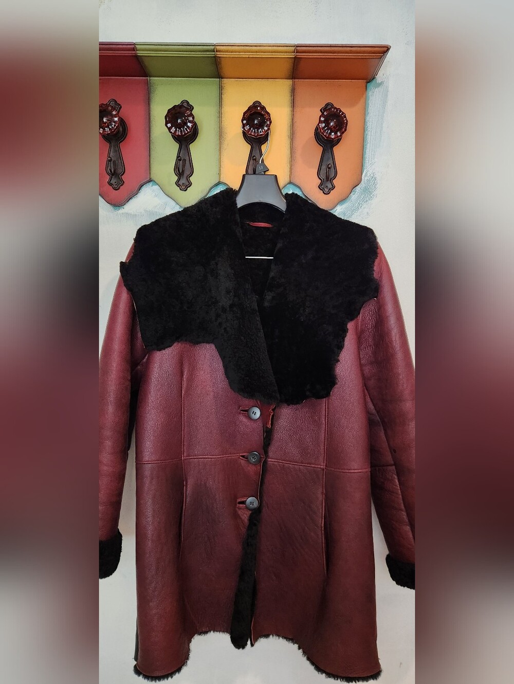 Women Small Medium Leather Shearling Coat Fur Collar Custom Made Burgundy